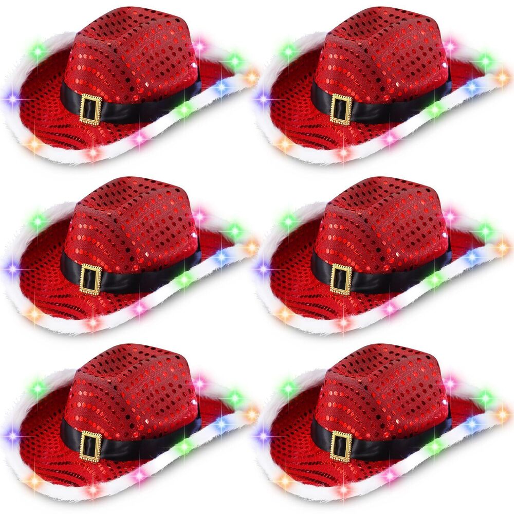 1014 6 Pieces Light Up Santa Claus Cowboy Hats Set, LED Christmas Cowgirl